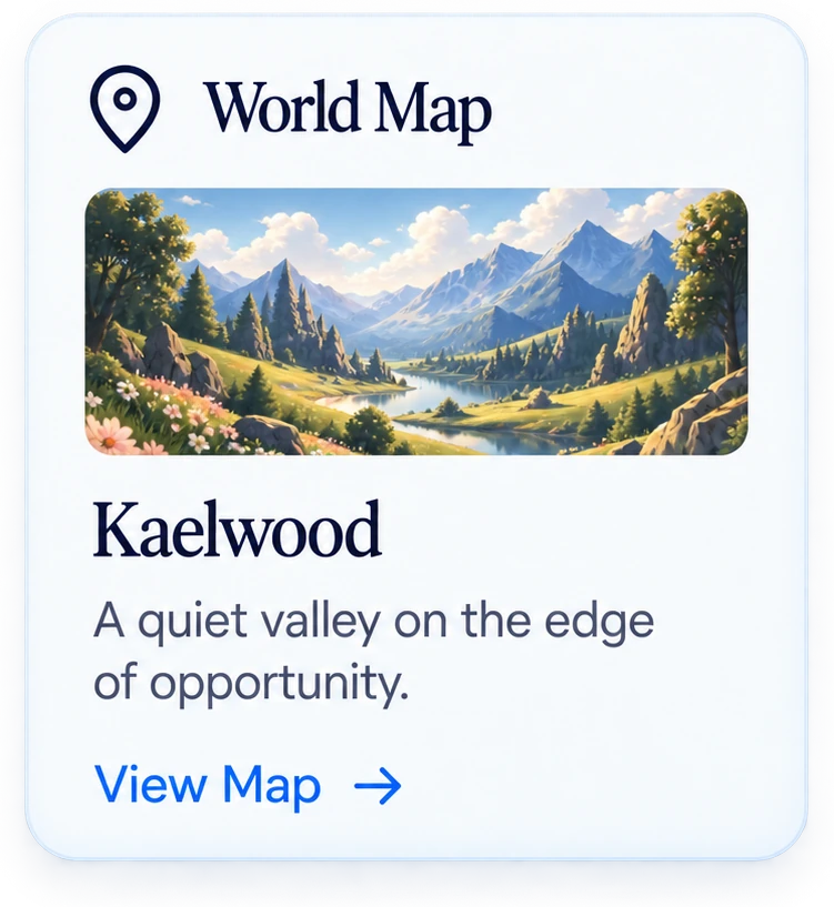 Scheda della mappa del mondo: Kaelwood, una valle tranquilla